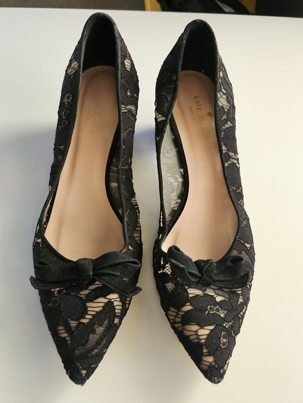 kate spade Black Lace Pointed Toe Heels with Bow